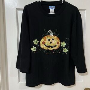 Jack o Lantern XL Sequin PUMPKIN Halloween‎ Fall Autumn Black TOP 3/4 Sleeve